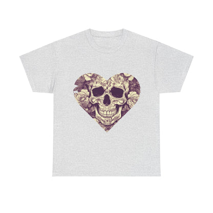 Grey variant of the Skulls and Roses Cotton Tee with a unique heart skull graphic, epitomizing edgy yet luxurious style.
