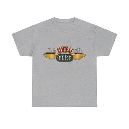 Central Perk Coffee Shop Friends Retro Logo Graphic Tee Unisex in grey, featuring the classic Central Perk logo surrounded by trendy coffee cups.