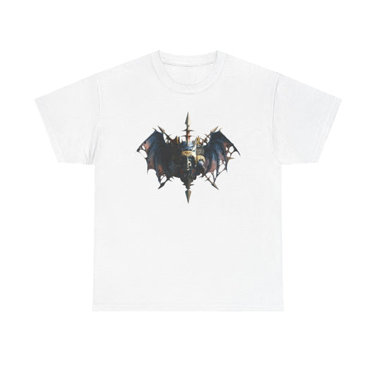 Elegant white t-shirt adorned with a striking graphic design of a powerful emblem, showcasing dark wings and a spear, ideal for casual and fantasy-inspired wardrobes.