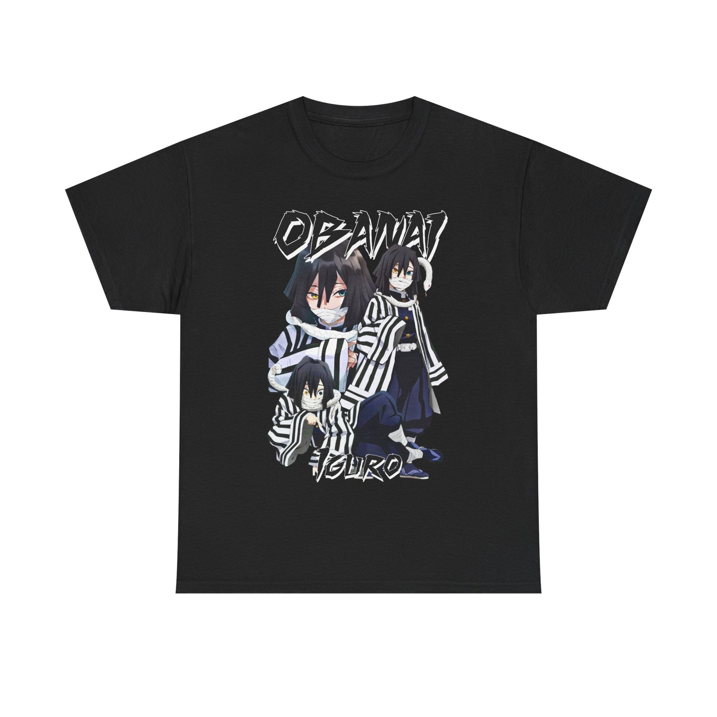 Luxurious black T-shirt featuring a stylish graphic design of Obanai Iguro from the anime Demon Slayer, showcasing intricate detailing and premium quality material for ultimate comfort.