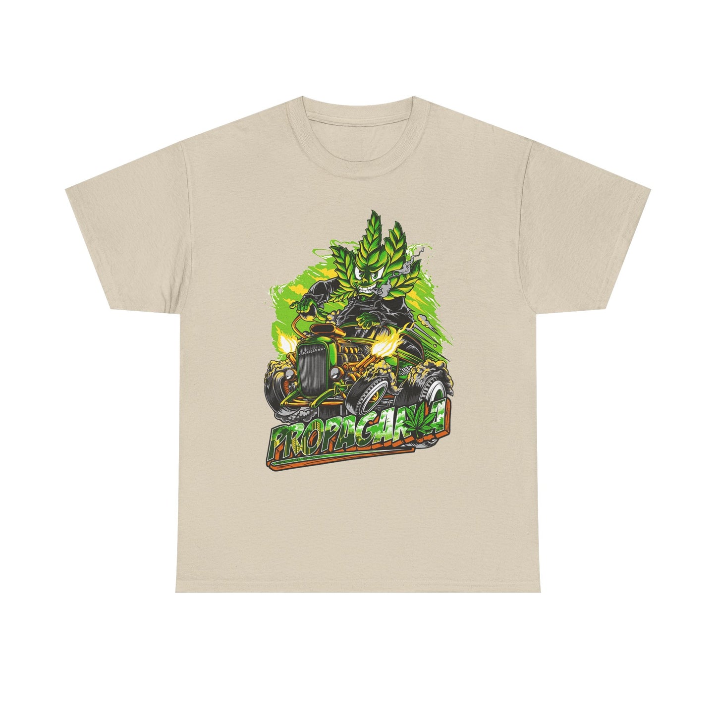 Elegant beige men's t-shirt with eye-catching artwork displaying a spirited cannabis character and classic hot rod, designed to elevate casual wardrobes with a unique blend of fun and sophistication.