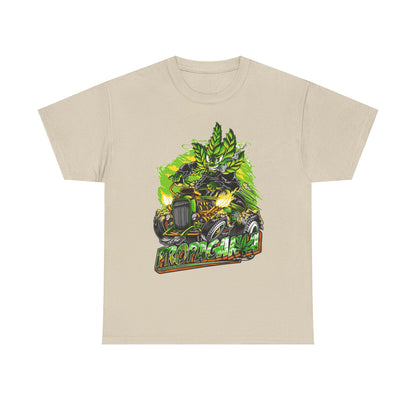 Elegant beige men's t-shirt with eye-catching artwork displaying a spirited cannabis character and classic hot rod, designed to elevate casual wardrobes with a unique blend of fun and sophistication.