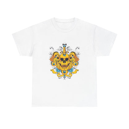 Luxury men’s t-shirt featuring a striking baroque skull design with ornate patterns, dragons, and a dagger. This eye-catching gold-yellow artwork contrasts elegantly against a white background, highlighting its gothic and contemporary flair, making it the ultimate statement piece for rebellious fashion enthusiasts.