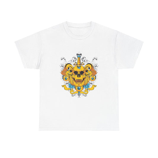 Luxury men’s t-shirt featuring a striking baroque skull design with ornate patterns, dragons, and a dagger. This eye-catching gold-yellow artwork contrasts elegantly against a white background, highlighting its gothic and contemporary flair, making it the ultimate statement piece for rebellious fashion enthusiasts.