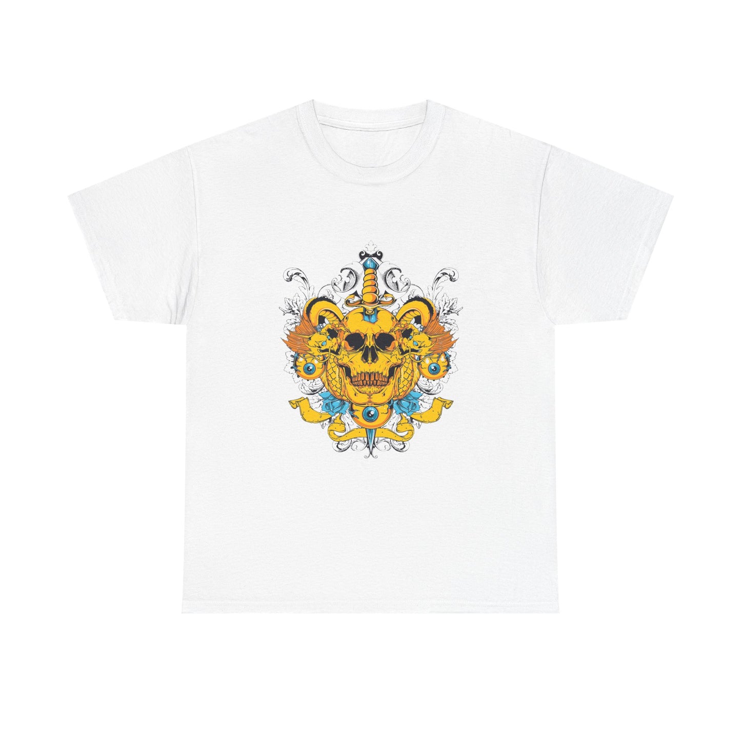 Luxurious white men's t-shirt featuring a bold skull design entwined with ornate floral patterns, a striking dagger, and vibrant dragon motifs in gold-yellow and blue.