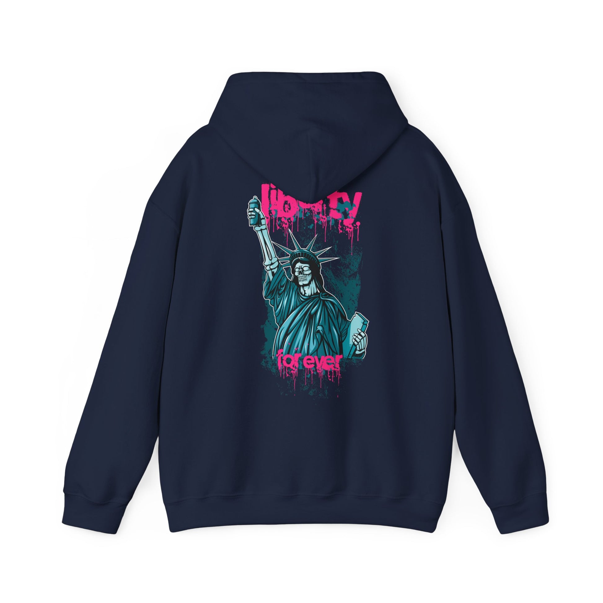 Sophisticated navy hoodie displaying an artistic back print of the Statue of Liberty, enhanced with vibrant turquoise tones and striking pink graffiti lettering, perfect for a stylish look.