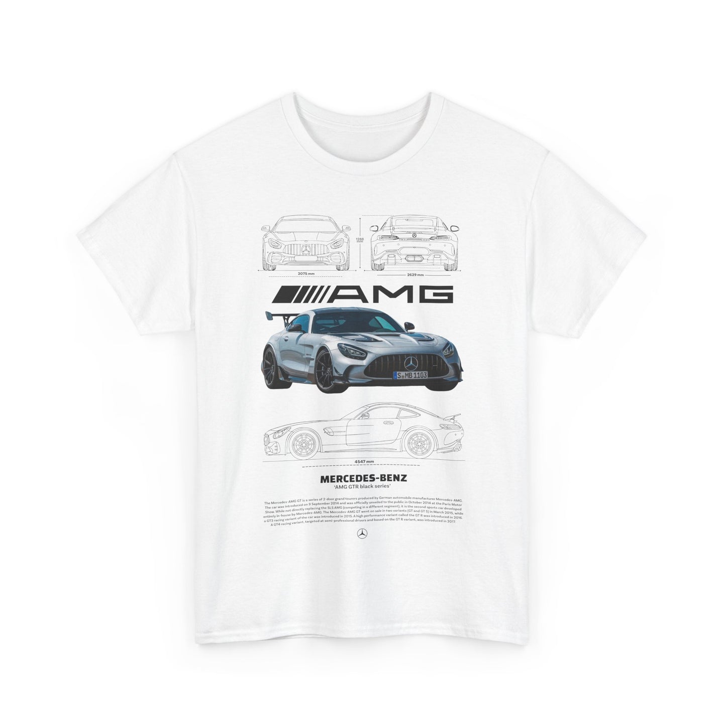 Artistic white t-shirt featuring a striking Mercedes AMG design, showcasing luxury and automotive passion.