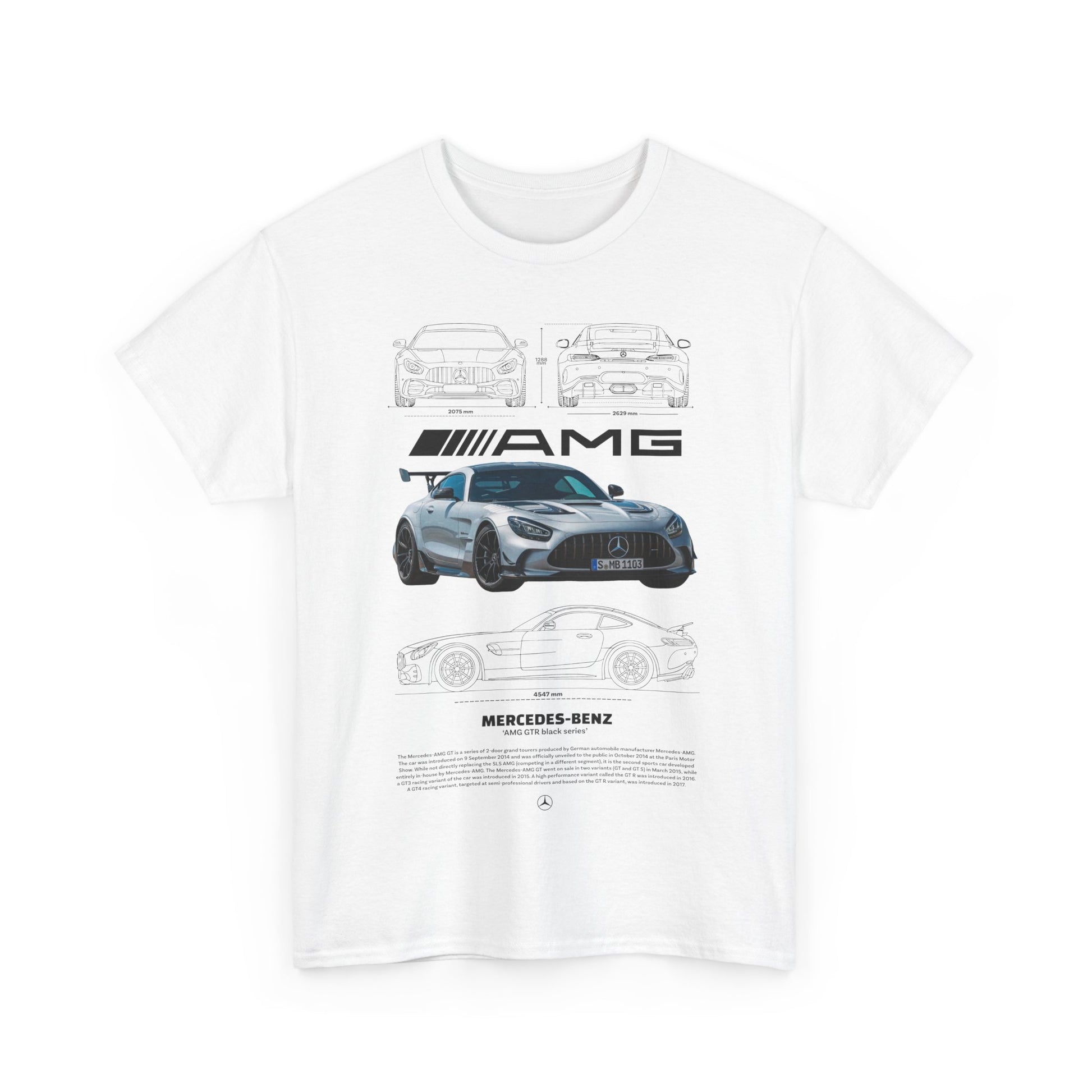Artistic white t-shirt featuring a striking Mercedes AMG design, showcasing luxury and automotive passion.