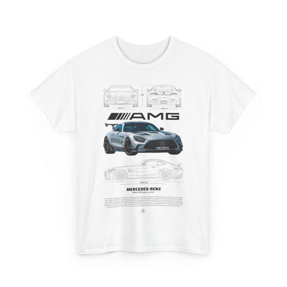 Artistic white t-shirt featuring a striking Mercedes AMG design, showcasing luxury and automotive passion.