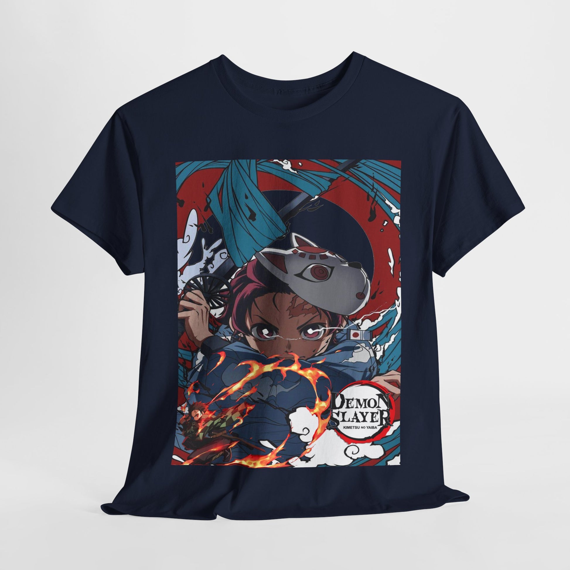 Stylish navy t-shirt featuring Tanjiro Kamado from Demon Slayer, embodying a fierce battle spirit with vibrant flames and a dynamic design. Perfect for anime fashion enthusiasts.
