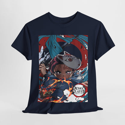 Stylish navy t-shirt featuring Tanjiro Kamado from Demon Slayer, embodying a fierce battle spirit with vibrant flames and a dynamic design. Perfect for anime fashion enthusiasts.