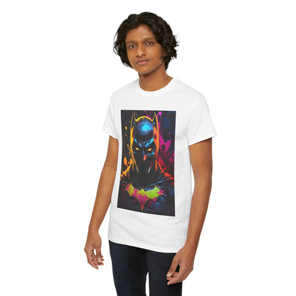 A young man wearing a high-quality white unisex tee shirt with a captivating Batman graphic, embodying the style of the Vibrant Batman Graphitti Graphic collection.