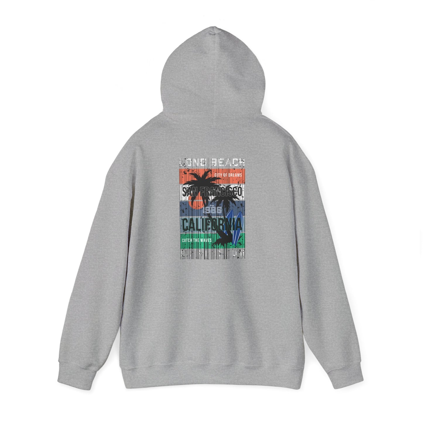 Stylish grey hoodie adorned with an eye-catching San Francisco surf design, showcasing the essence of California through bold colours and elegant graphics.