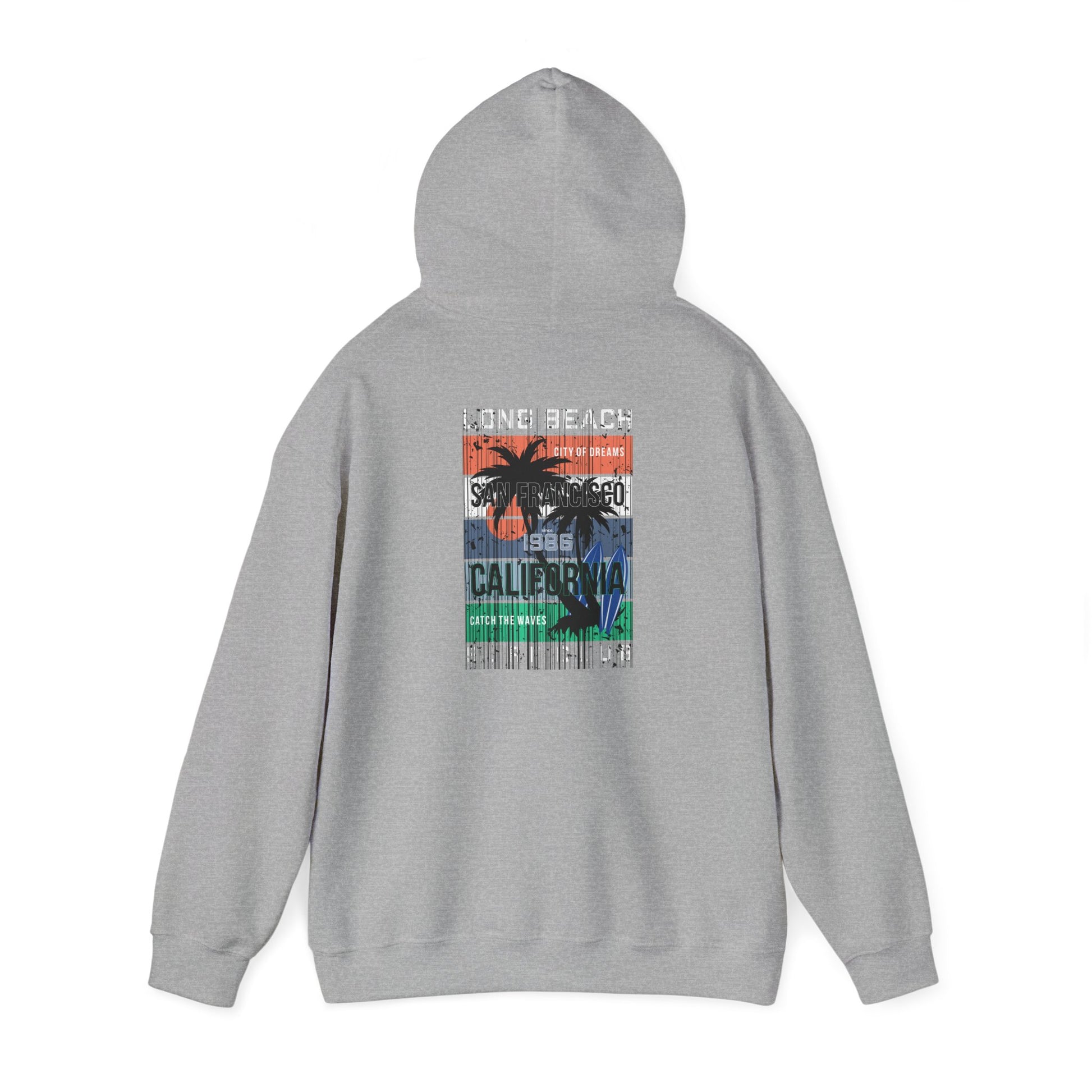 Stylish grey hoodie adorned with an eye-catching San Francisco surf design, showcasing the essence of California through bold colours and elegant graphics.
