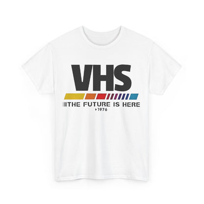 VHS Retro Logo Graphic Tee for Unisex - Front view showcasing nostalgic VHS logo design with vibrant colours.