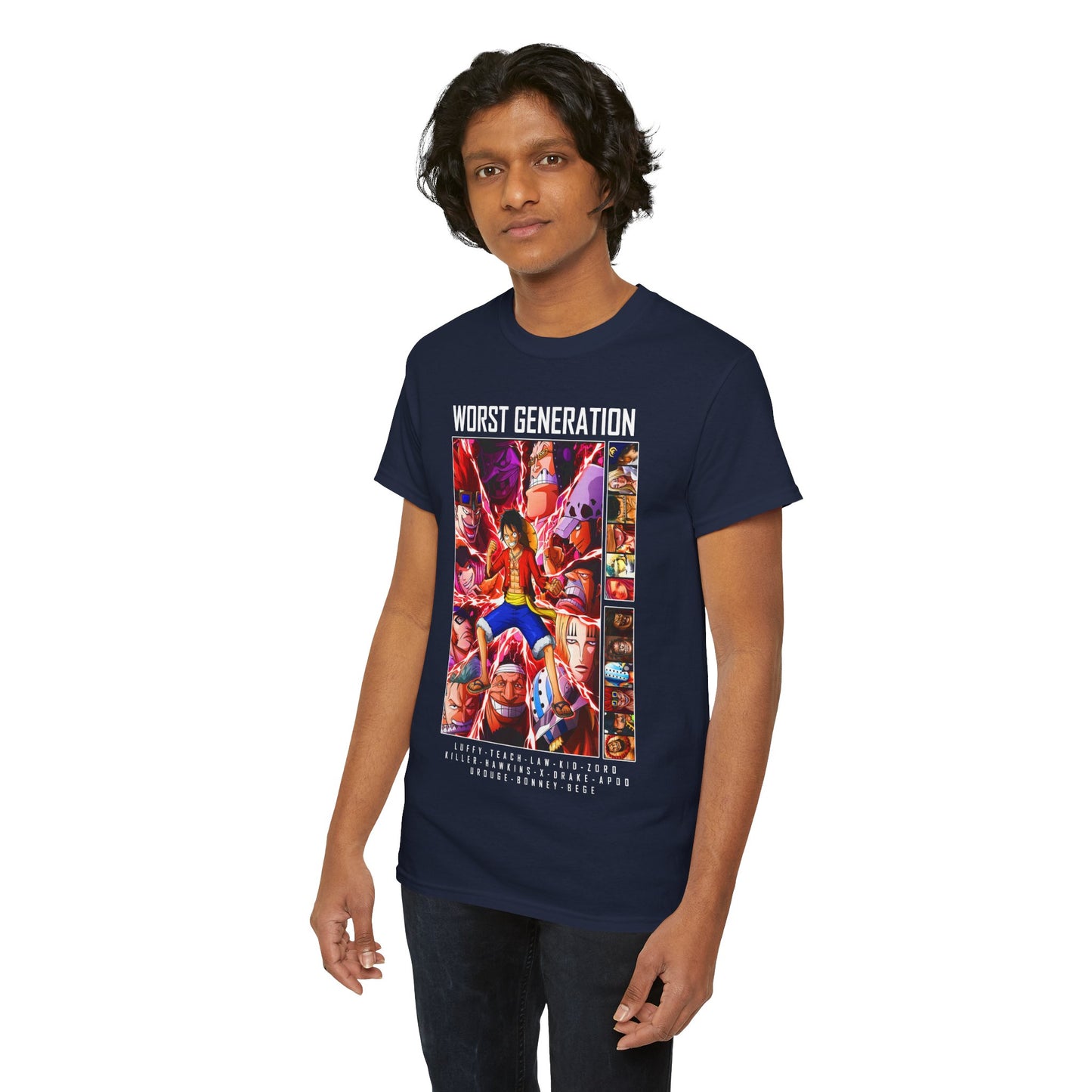 Another model showcasing the navy blue T-shirt featuring 'WORST GENERATION', artistically designed with dynamic anime illustrations, ideal for fans of the series.