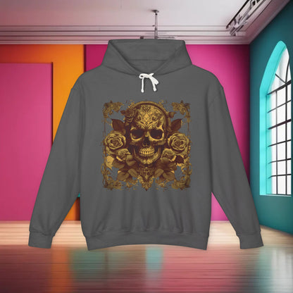 Unisex Lightweight Hooded Sweatshirt featuring a unique designer skull and roses design, showcased in a sophisticated dark grey background, ideal for fashionable individuals.