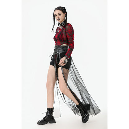 Close-up of the ornate PU corset belt on the Dark in Love Gothic sheer mesh maxi skirt, accentuated with striking O-rings and intricate eyelet embellishments.