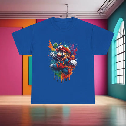 Chic Computer Game Character Graphic T-Shirt with a colourful Mario artwork in royal blue, designed for a fashionable gamer look.