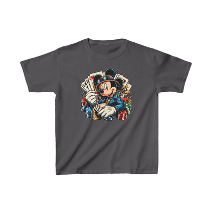 Elegant Child's Mickey Mouse Poker Unisex Graphic Tee Shirt in sophisticated charcoal grey featuring the iconic Mickey Mouse exuding charisma with poker cards and chips.