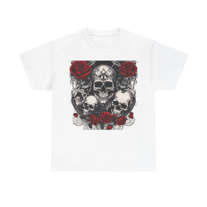 Front view of white Skulls and Roses Cotton Tee, unisex graphic shirt featuring a striking skull and roses print, a blend of comfort and edgy design.