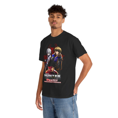 Model wearing a luxurious black Hunter x Hunter T-shirt with vibrant artwork of iconic characters Gon, Killua, and Hisoka, perfect for showcasing your anime fandom.
