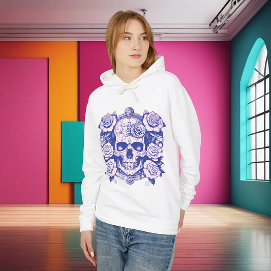 Chic Steampunk Skull Roses Lightweight Hoodie in white, featuring a stunning skull and roses design, ideal for unisex streetwear, exuding sophistication and artistic flair.