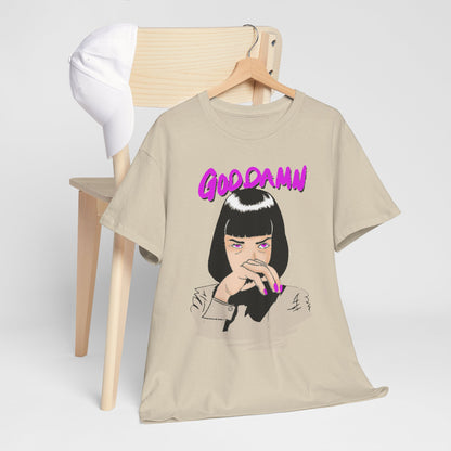 Stylish unisex graphic T-shirt displayed elegantly alongside a cap, showcasing an illustration of a renowned cinematic character with vibrant 'GOOD DAMN' text, ideal for contemporary fashion lovers.