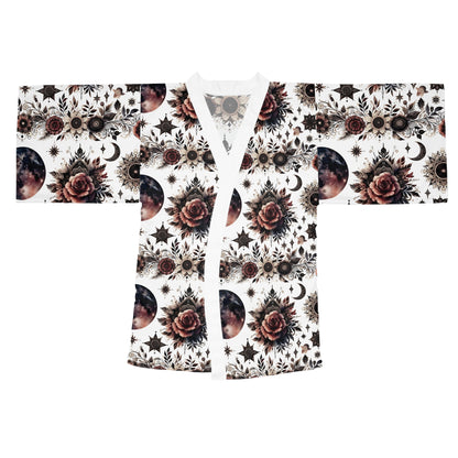 Luxurious Floral Kimono Robe - Women's Robe with a fashion-forward design, adorned with vibrant floral and celestial prints, perfect for sophisticated lounge wear.