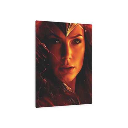 Elegantly designed Wonder Woman Metal Art Poster showcasing a striking close-up of the iconic heroine's powerful visage, crafted from premium matte aluminium. Ideal for luxury decor, symbolising empowerment and courage.