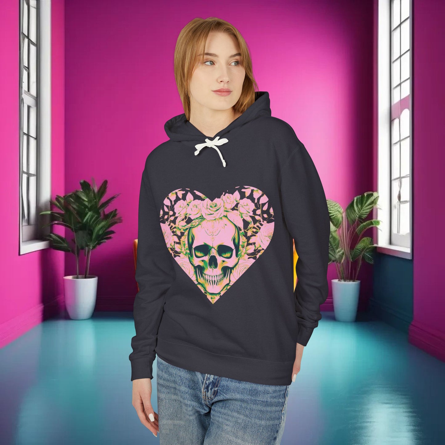 Skull and Roses Lightweight Hoodie, Unisex Edgy Designer Sweatshirt, Hipster