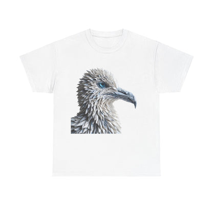 Sculpted Elegance Unisex Cotton Tee featuring an intricate origami bird design in pristine white, presenting a meticulously detailed bird's head with an alluring turquoise eye.
