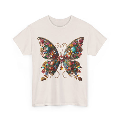 Front view of the Enchanting Butterfly Brooch Unisex T Shirt Graphic Tee featuring a stunning artistic butterfly design adorned with vibrant gemstones.