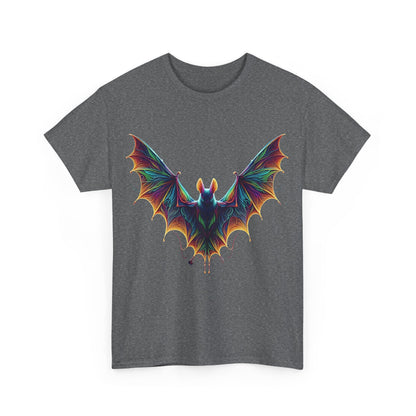 Radiant Evolution Bat Tee - Unisex Cotton Tee featuring a vibrant bat design on a dark grey background, illustrating bold colours and artistic flair.