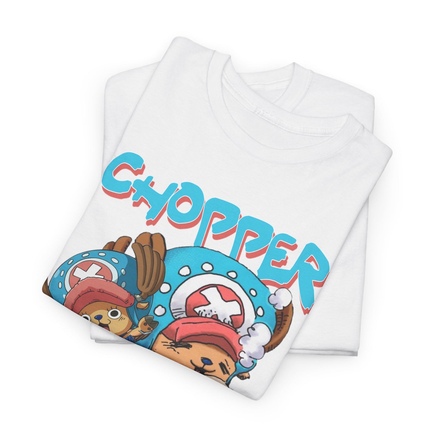 Sophisticated folded white t-shirt featuring enchanting Chopper graphics, a perfect combination of comfort and anime-inspired design.
