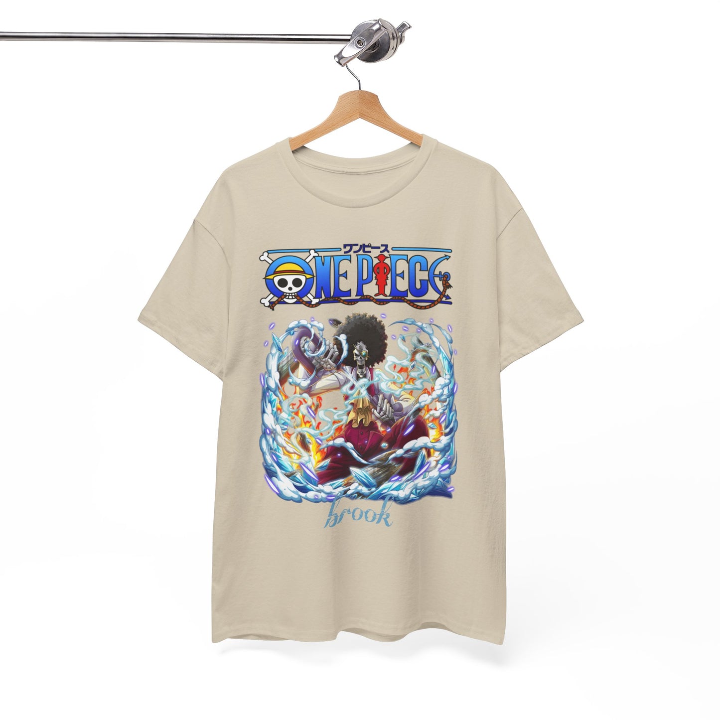 Chic beige t-shirt elegantly showcased on a hanger, featuring captivating 'One Piece' designs, ideal for any anime aficionado.