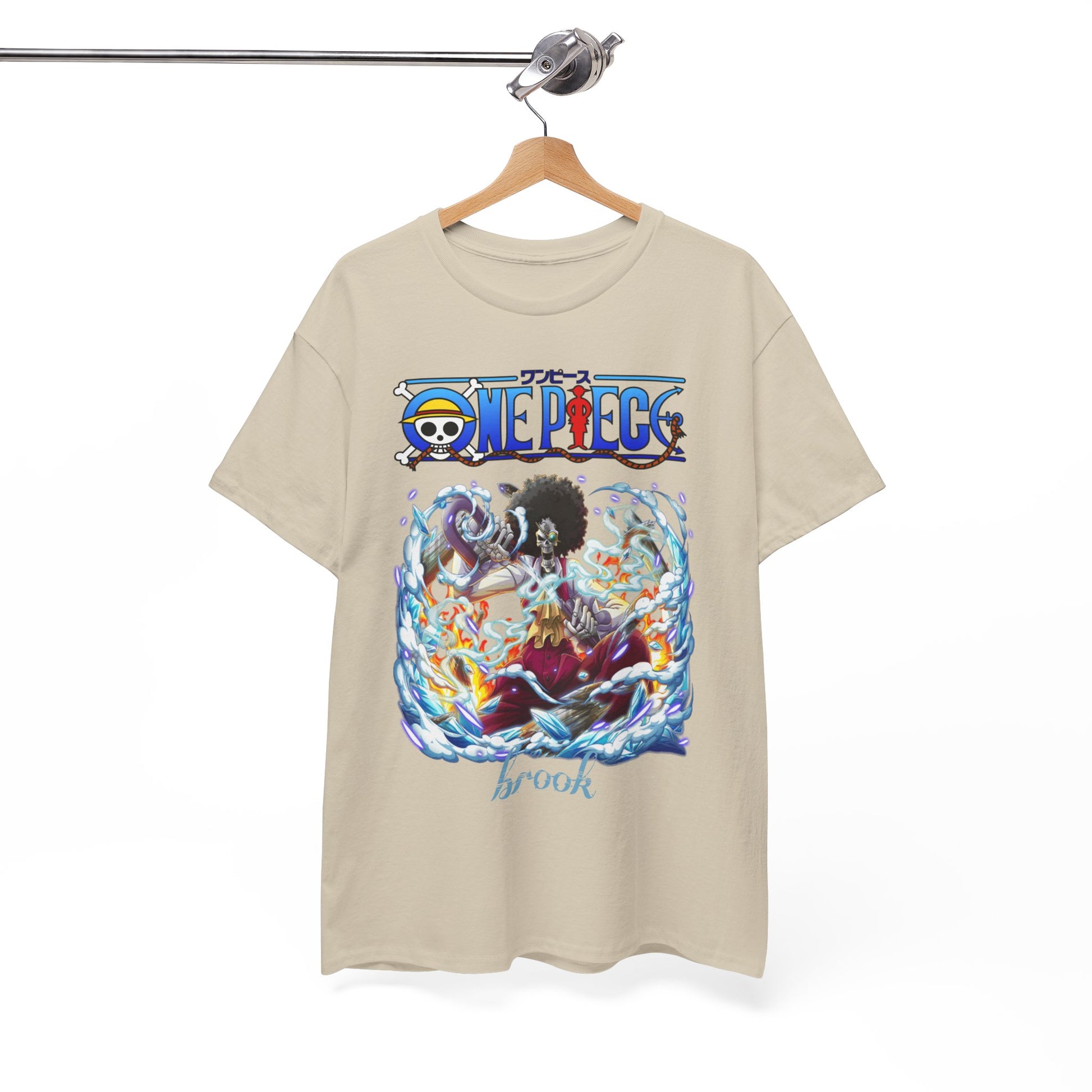 Chic beige t-shirt elegantly showcased on a hanger, featuring captivating 'One Piece' designs, ideal for any anime aficionado.