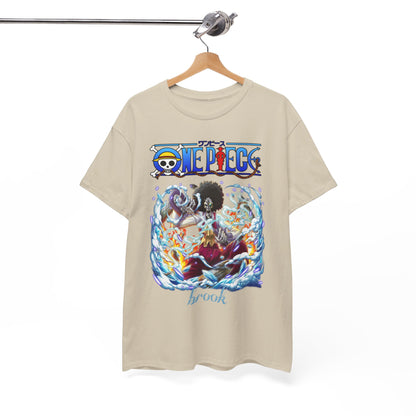 Chic beige t-shirt elegantly showcased on a hanger, featuring captivating 'One Piece' designs, ideal for any anime aficionado.