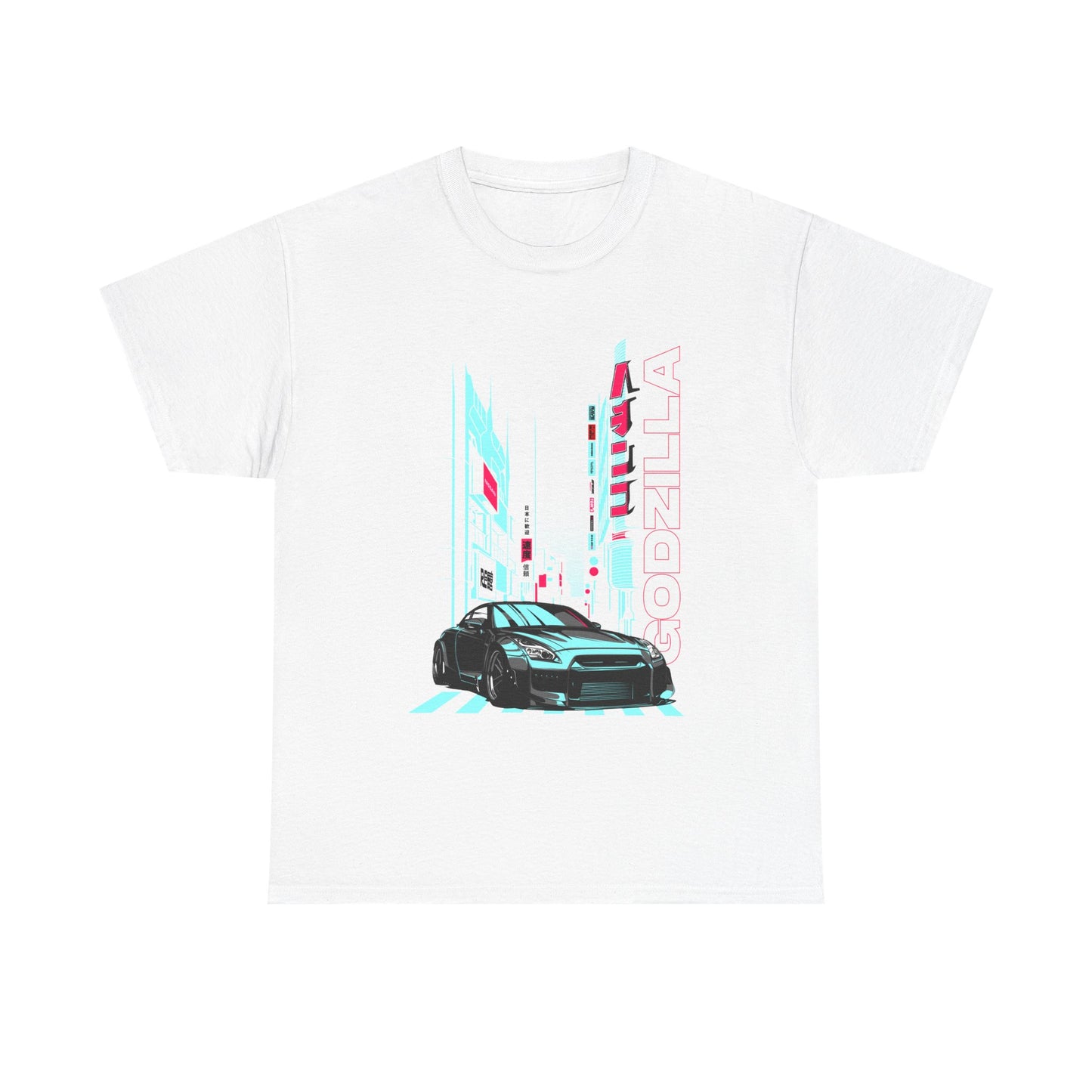 Luxurious men's graphic t-shirt featuring an artistic design of a sleek sports car against a vibrant cityscape, with 'GODZILLA' text in bold typography, ideal for casual urban style.