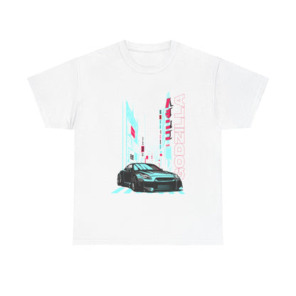Luxurious men's graphic t-shirt featuring an artistic design of a sleek sports car against a vibrant cityscape, with 'GODZILLA' text in bold typography, ideal for casual urban style.