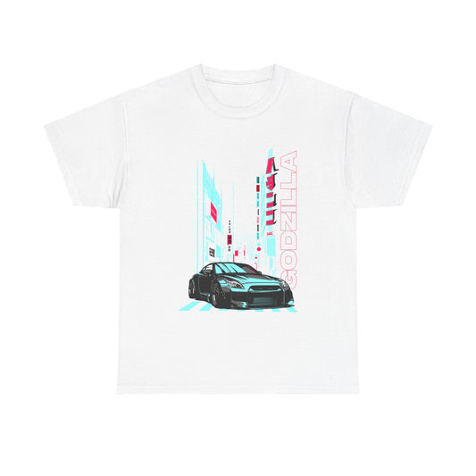 Luxurious men's graphic t-shirt featuring an artistic design of a sleek sports car against a vibrant cityscape, with 'GODZILLA' text in bold typography, ideal for casual urban style.