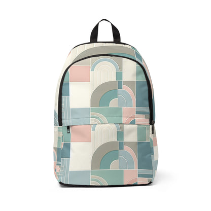 Elegant Modern Abstract Pastel Backpack by Dazzling Dreams Studio showcasing soft pastel hues of pale pink, light blue, mint green, and creamy white, perfect for contemporary fashion enthusiasts seeking a blend of style and functionality.