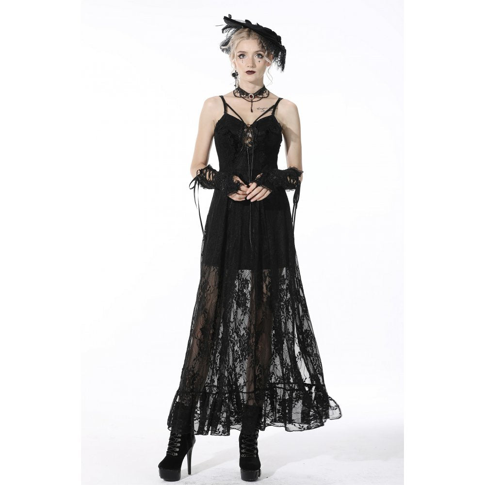 Model wearing the Dark In Love Drusilla Maxi Dress in black lace, demonstrating its flattering fit and elegant design.