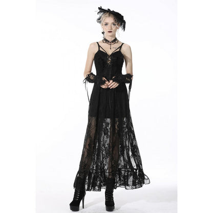 Model wearing the Dark In Love Drusilla Maxi Dress in black lace, demonstrating its flattering fit and elegant design.