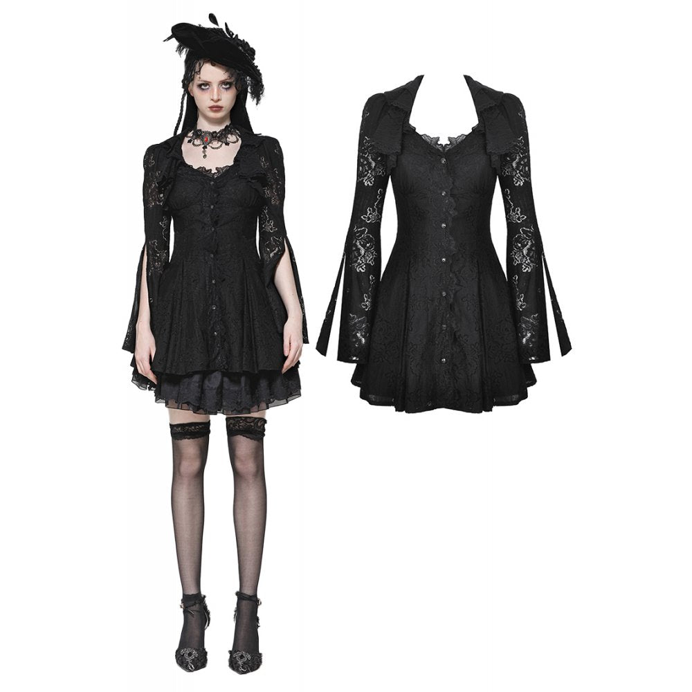 Elegant gothic lace dress with gemstone buttons by Dark in Love, featuring a flared silhouette and intricate detailing, perfect for sophisticated evening wear.