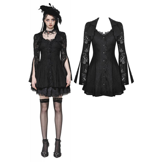 Elegant gothic lace dress with gemstone buttons by Dark in Love, featuring a flared silhouette and intricate detailing, perfect for sophisticated evening wear.