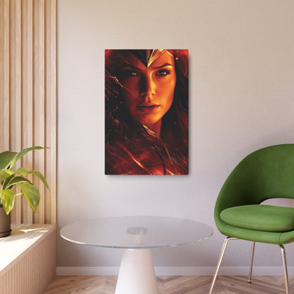 Wonder Woman Metal Art Poster displayed in a modern living room, showcasing a striking and powerful female figure in a dramatic red hue, enhancing luxury decor.