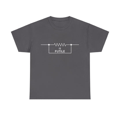 Chic deep heather graphic tee showcasing 'IS FUTILE' within a modern resistor shape, embodying the luxurious essence of Borg-inspired Star Trek fashion.