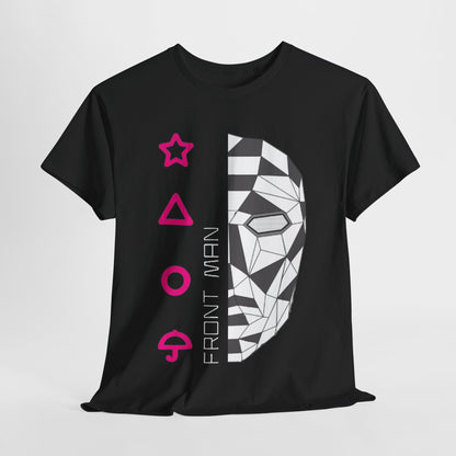 Luxury Squid Game Unisex Men’s Women’s Graphic Cotton Funny T-Shirt featuring an iconic Front Man mask design with geometric patterns and gaming symbols, perfect for stylish urban wear.
