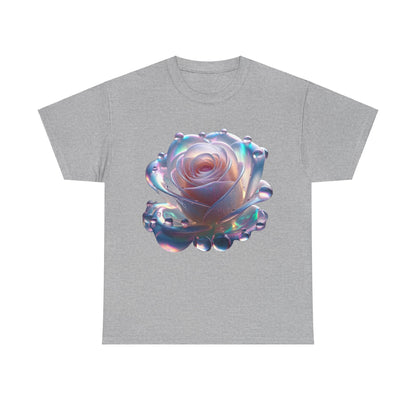 Ethereal Rose Tee Unisex Cotton Graphic T-Shirt in grey showcasing a stunning stylized rose design adorned with intricate water droplet effects.
